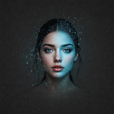 The primary subject of the image is a woman with blue eyes. She is the main focus of the image. The setting is a dark background, which contrasts with the woman's blue eyes. The visual style is a digital art or illustration, as the woman's eyes are depicted with a blue glow. The colors and mood of the image are predominantly dark and moody, with the blue eyes being the main source of light and contrast.